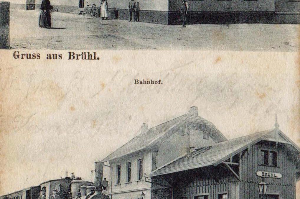 Gruß aus Brühl 1910 Gasthaus zum goldenen Ochsen und Bahnhof