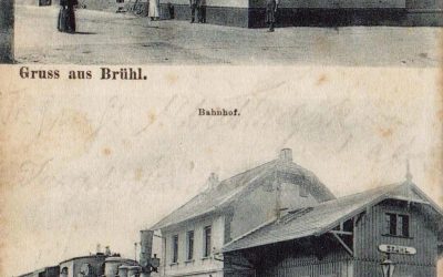 Gruß aus Brühl 1910 Gasthaus zum goldenen Ochsen und Bahnhof